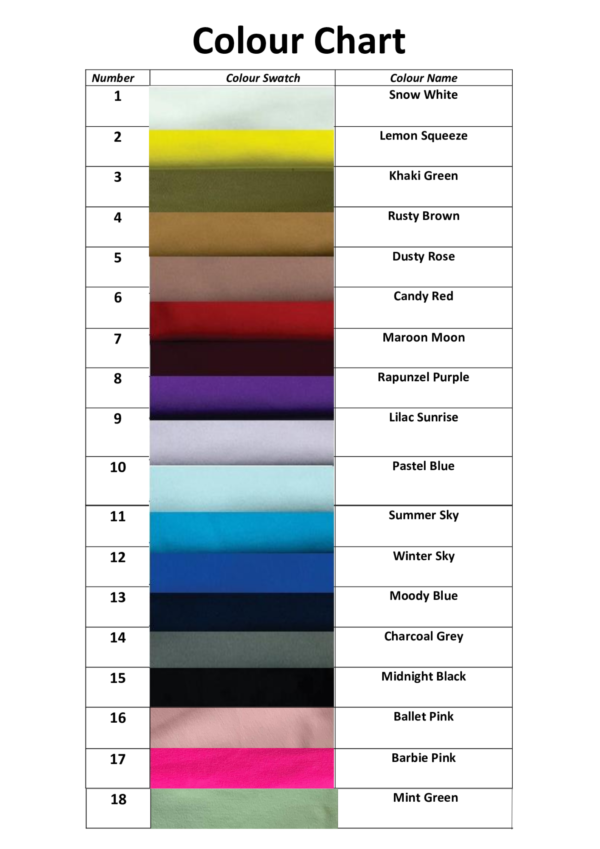 Rafspa activewear colour chart