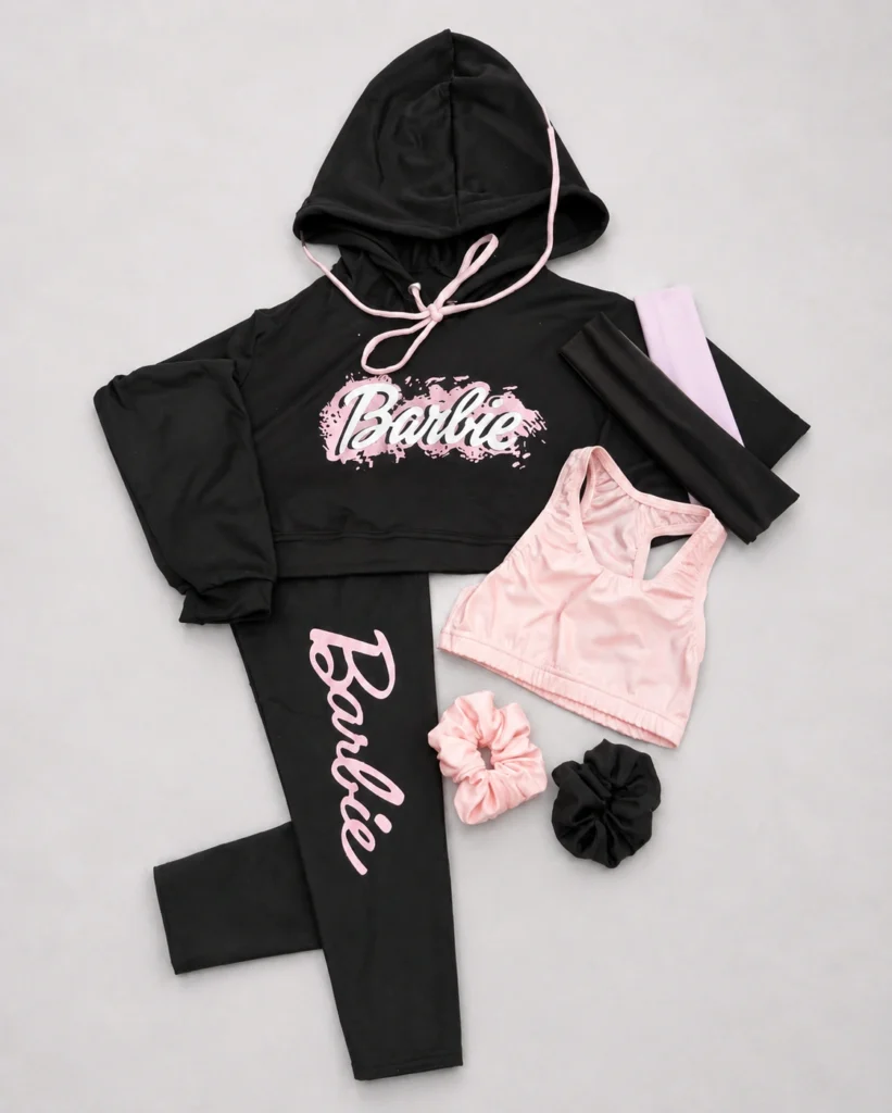 Black and pink Barbie dancewear set with hoodie, leggings, crop top and scrunchies.