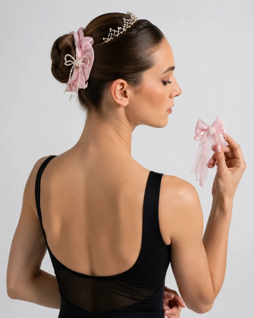 Ballet dancer wearing a pink bow, pearl hairpiece and tiara in a sleek bun.